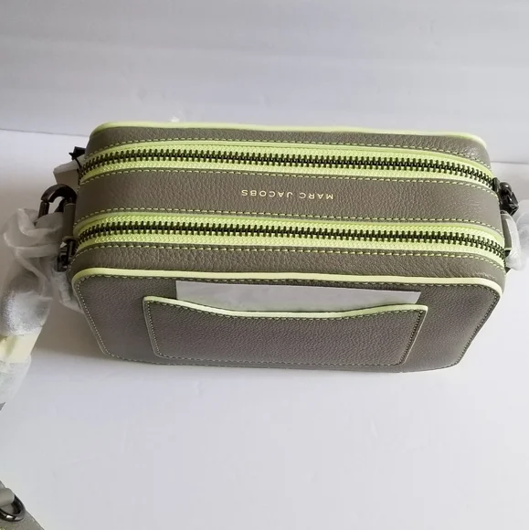 Marc Jacobs The Moto Shot 21 Leather Camera Crossbody Bag Gray Neon Green - Picture 5 of 7